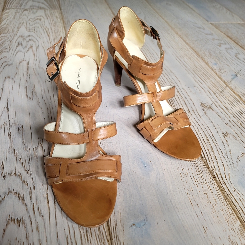 🐿 VIA SPIGA Hilda Cognac Leather Wood Heeled Italian Made Sandals 7
